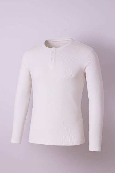 trender Buttoned Waffle Ecru Men's Sweatshirt 5070