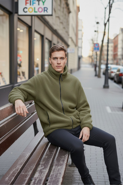 Fifty Color Χακί Πολυτελής Ποιότητας Μπουφάν με ψηλό γιακά, με φερμουάρ, φλις, βελούδινο