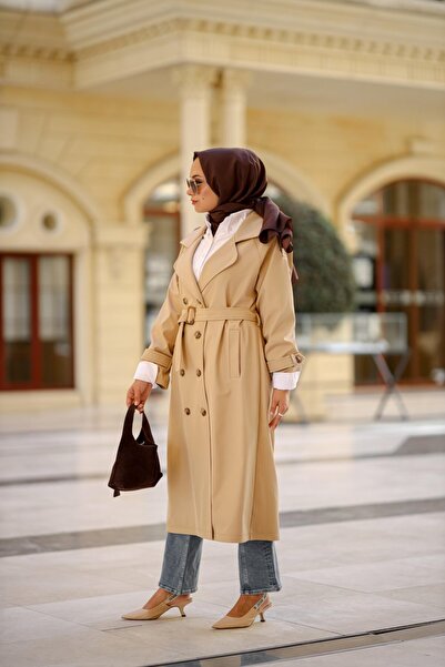 NS Moda Tesettür Kemerli Trençkot Taş Model-550