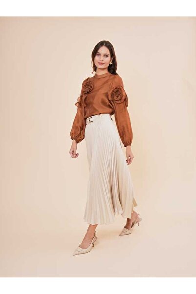 SERPİL Pileli Midi Beli Tokalı Şık Kadın Etek 50710