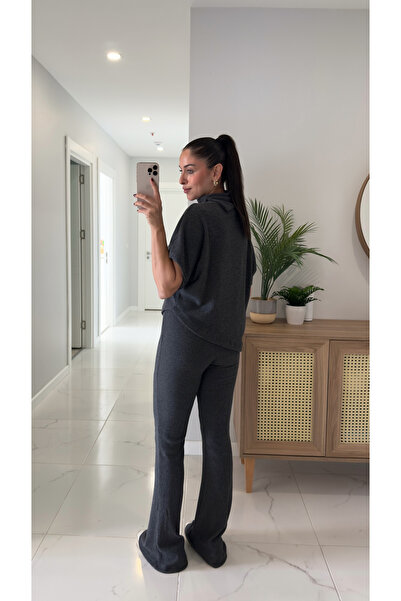 BİRCANÇİL Dlvin Sia Anthracite Asymmetrical Cut Knitted Trouser Set