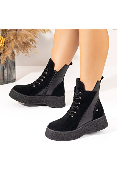 Modlet.ro Women's black lace-up and zipper boots made of leather MOD10574