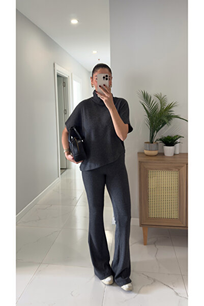 BİRCANÇİL Dlvin Sia Anthracite Asymmetrical Cut Knitted Trouser Set