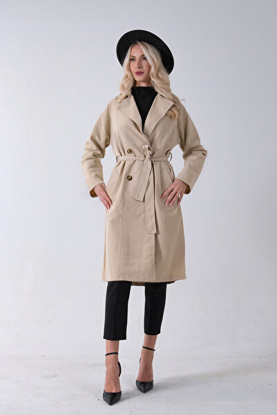 Feminist Önden Düğme Kapamalı Yandan Cepli Kuşaklı Uzun Trenç Bej 4200823