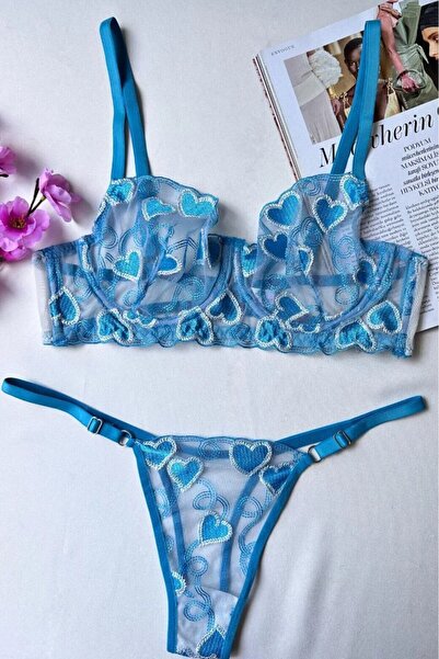SiaLess Lingerie Γυναικείο Σετ Εσώρουχα Μπλε Καρδιά Κεντημένο Διαφανές Σουτιέν με εσώρουχο με στριφώματα Φανταχτερό σετ εσωρούχων