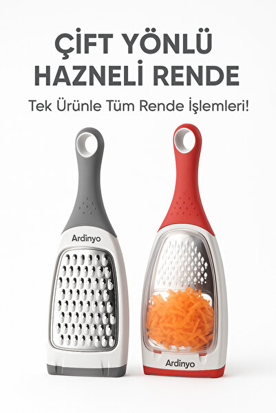 Ardinyo Çift Yönlü Hazneli Rende – Paslanmaz Çelik, Ergonomik Sap, Sebze & Meyve Rendesi, Kolay Temizlenir