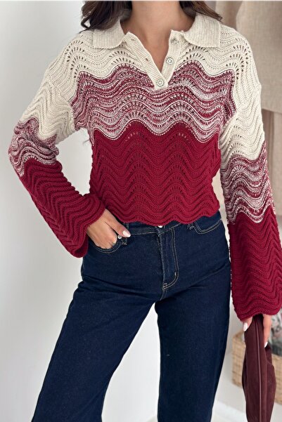 FEMELLE سترة نسائية محبوكة باللون العنابي مع تفاصيل أزرار حجرية، مقاس قياسي