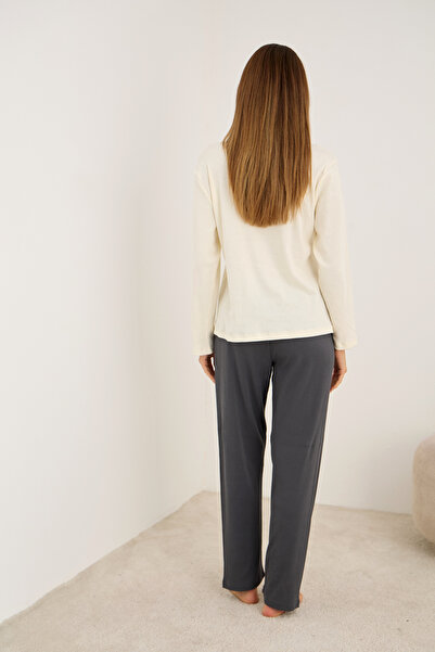 Siyah İnci füme fiyonk Nakışlı Pamuklu Fitilli Kaşkorse Örme Pijama Takım25226012