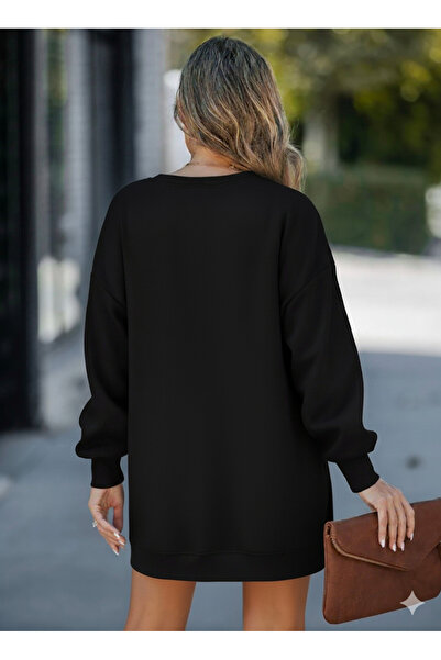 Afri Női túlméretezett pulóver oldalsó cipzárral, részletezett, hosszú ujjú fekete tunika