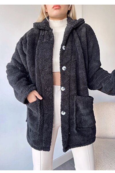 MILANOFOX Jachetă de pluș oversize pentru femei, cu buzunare duble și nasturi pe lungime