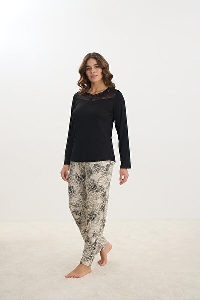 Sevim Жіночий чорний верх з мереживними деталями, довгі рукави, комір-стійка, піжамний комплект з візерунком C4T1N261