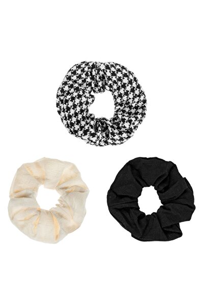 OEM Women's Textile Hair Elastics Black Cream White Black Checkered - 3pcs