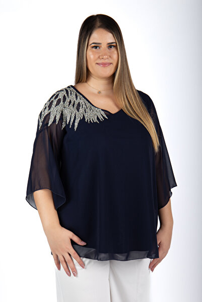 MEDOL GİYİM Büyük Beden Şifon V Yaka Abiye Bluz 132235