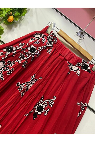 edu collection Red Chiffon with See-Through Details, A-Line Skirt with Lining