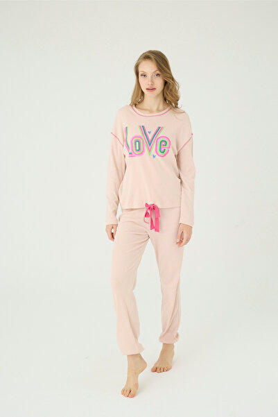 İPEKTENİM Love Yazı Nakışlı Lastikli Pijama Takımı