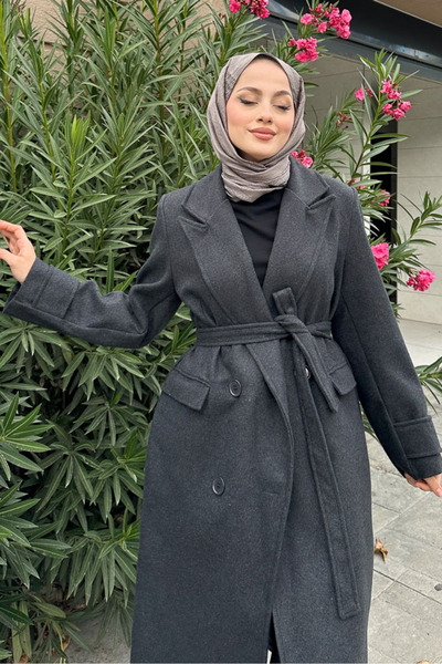 Ovn. Geniş Manşetli Kaşe Kaban - Antrasit