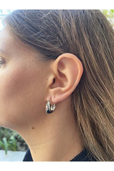 TUĞÇE TURAP 14K Çelik Gümüş Renk Oval Bombeli Halka Küpe - Kararmaz