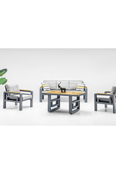 SCY Roots Modern 5 Kişilik Bahçe Mobilyası Oturma Grubu Ahşap Detay Balkon Ko...