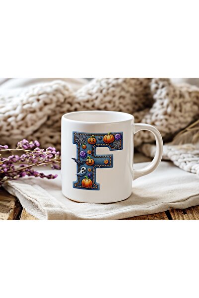 Beramussa كوب بمفهوم الهالوين بحرف F الأول - هدية الهالوين - شبكة عنكبوت شبحي...