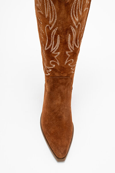 Dericlub Women's High Heel Western Boots Real Suede Leather Zy 1614 Suede Taba