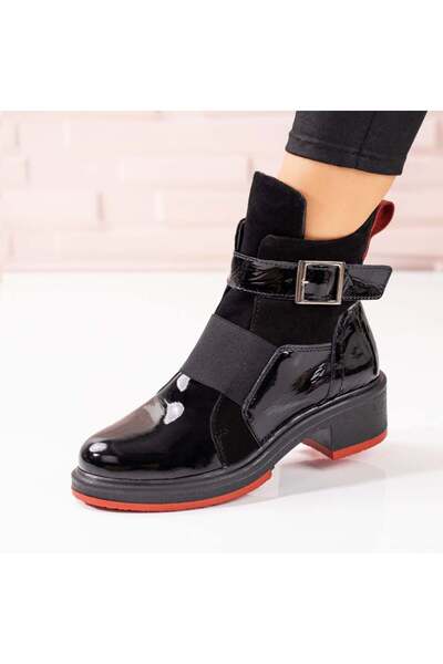 BMoD Ghete negre pentru femei din piele naturală cu aspect strălucitor MOD09633