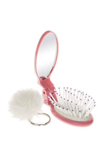 OEM Perie Par Mini cu Oglinda & Pompon Colorat Travel Size 7.5cm