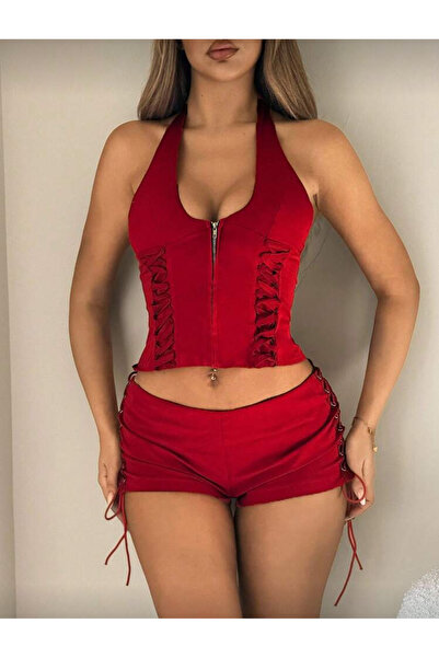 La Saade Fire Kiss Set-Red Corset Detailed Top Blouse and Bottom Shorts Two-P...