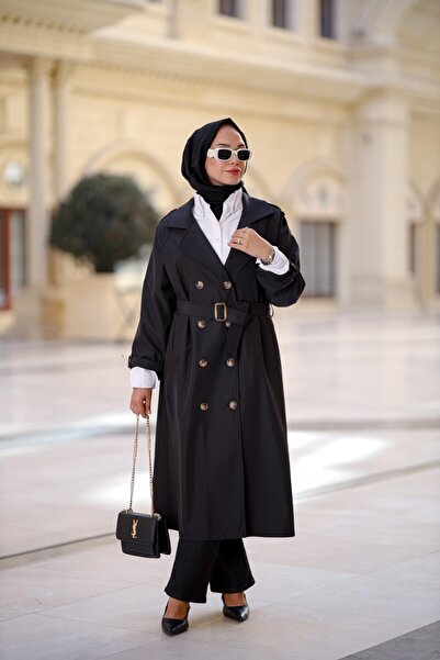 NS Moda Hijab Belted Trench Coat Black Model-550