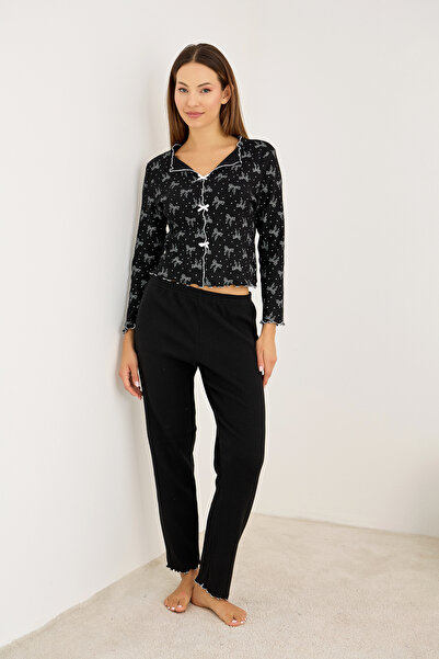 Siyah İnci siyah Fırçalı Soft Fitilli Kaşkorse Fiyonklu Pijama Takım 7947