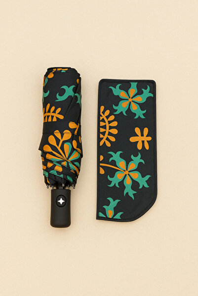 Eyesofia Otomatik Fonksiyon Açma Kapama Fiber Tel Kılıflı Desenli Siyah Kadın Şemsiye