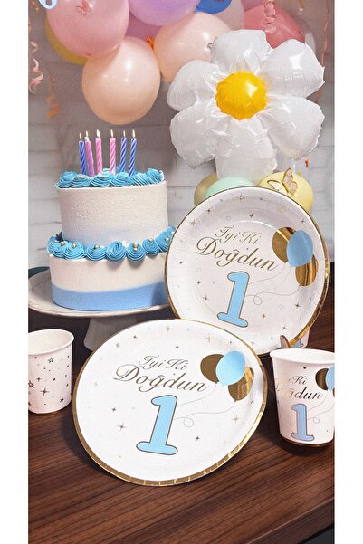 Artikel Mavi İyi ki Doğdun 1 Yaş Temalı Gold Varaklı Kullan - At 6 Kişilik Do...