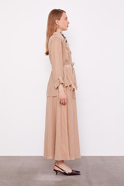 Levidor Beige Collar Stone Detailed Cupra Skirt Set