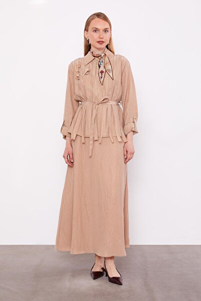 Levidor Beige Collar Stone Detailed Cupra Skirt Set