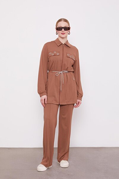 Levidor Brown Pocketed Waist-Tie Double Suit