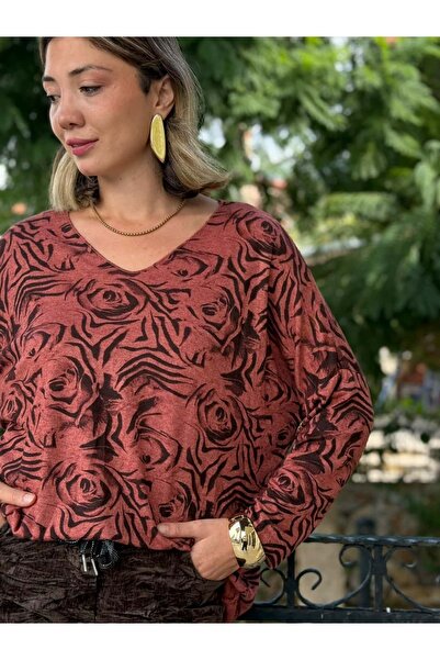 Punta Otantik Nc1128A Italian V-Neck Rose Pattern Knitwear Blouse Tile