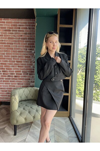 BRN Butik Siyah Crop Blazer Ceket Etek Takım