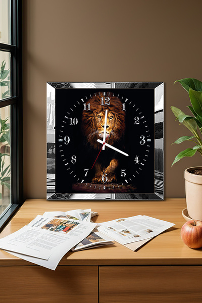 Zevahir Mobilya Dekorasyon Silver Framed Yellow Lion Themed Decorative Mdf Wall Clock