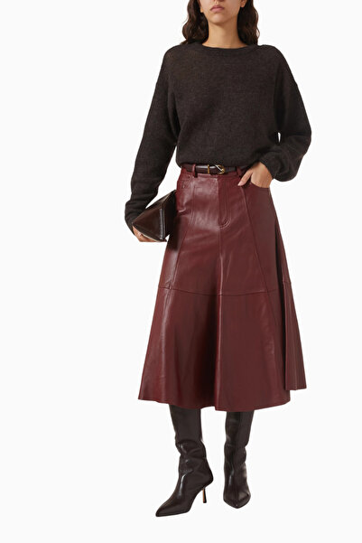 Haikure Mid Serenity Deri Midi Etek, Kırmızı Şık Lüks Kadın Etek