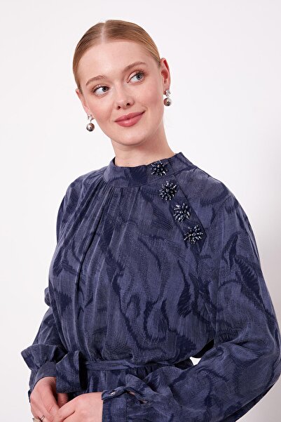 Levidor Lacivert Yakası Taş Detaylı Cupra Elbise