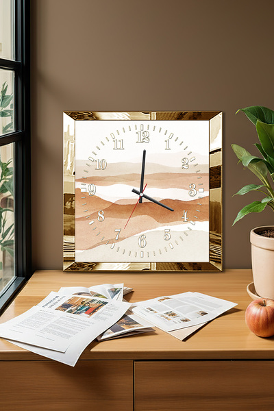 Zevahir Mobilya Dekorasyon Gold Framed Sand and Desert Themed Decorative Mdf Wall Clock
