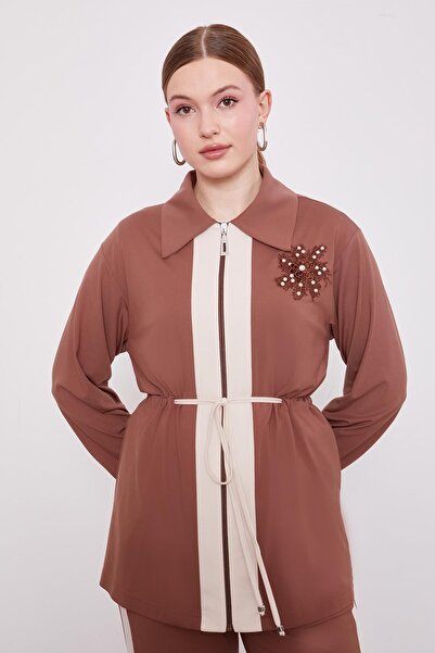 Levidor Brown Collar Pearl Guipure Detailed Double Suit