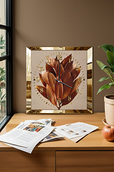Zevahir Mobilya Dekorasyon Gold Framed Leaves of Time Themed Decorative Mdf Wall Clock