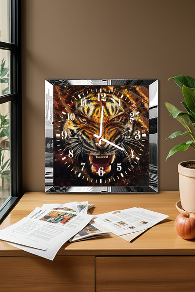 Zevahir Mobilya Dekorasyon Silver Framed Tiger Themed Decorative Mdf Wall Clock