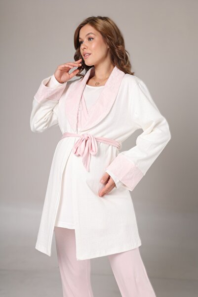 Pelin طقم بيجامة نسائي من 3 قطع بياقة شال وخاصية الرضاعة المخفية للحوامل