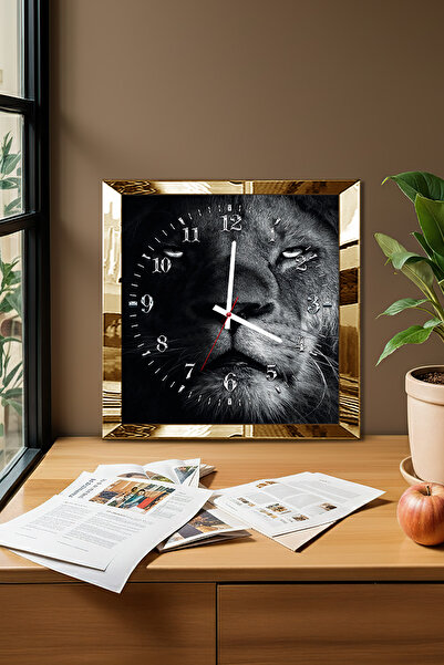 Zevahir Mobilya Dekorasyon Gold Framed Gray Lion Themed Decorative Mdf Wall Clock