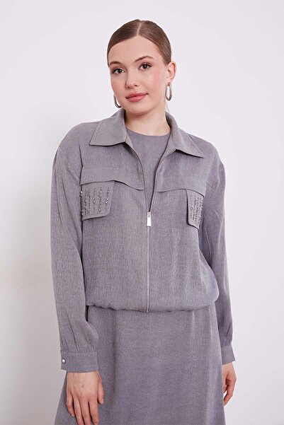 Levidor Gray Stone Detailed Zippered Jacket Set