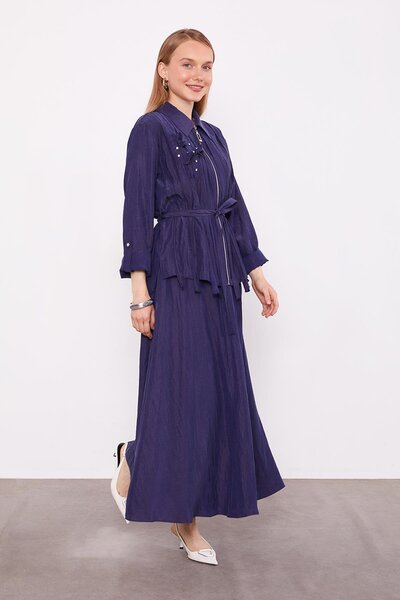 Levidor Lacivert Yakası Taş Detaylı Cupra Etek Takım