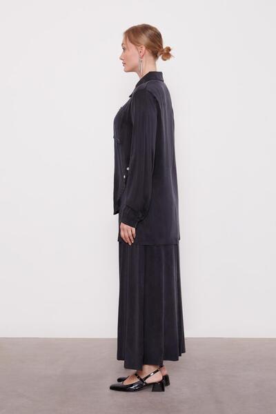 Levidor Black Cross Button Detail Cupra Skirt Set