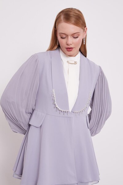 Levidor Gray Chiffon Sleeves Stone Detail Double Suit