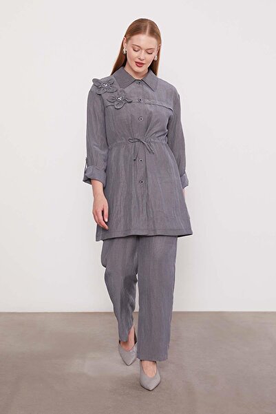 Levidor Gray Embroidered Shoulder Detail Cupra Two-Piece Set